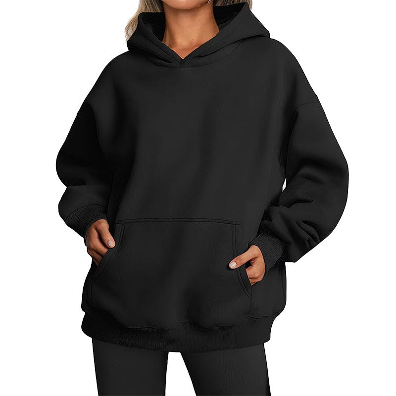 Women's Solid Color Hoodie, Long-Sleeve, Loose-Fit, Oversized Pullover Sportswear