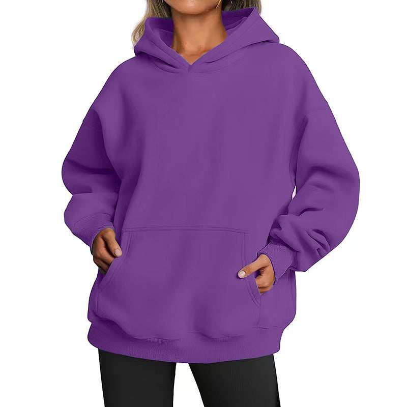Women's Solid Color Hoodie, Long-Sleeve, Loose-Fit, Oversized Pullover Sportswear