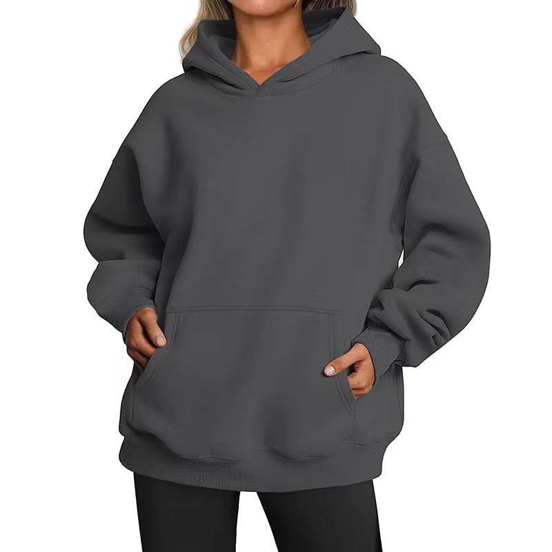 Women's Solid Color Hoodie, Long-Sleeve, Loose-Fit, Oversized Pullover Sportswear