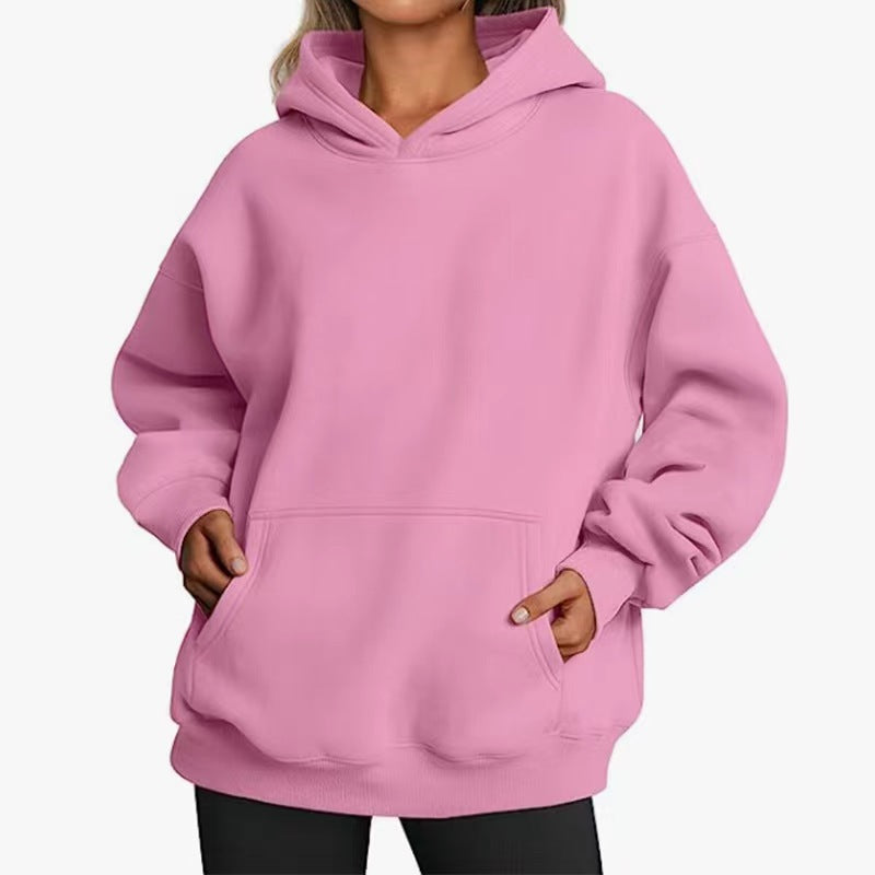 Women's Solid Color Hoodie, Long-Sleeve, Loose-Fit, Oversized Pullover Sportswear