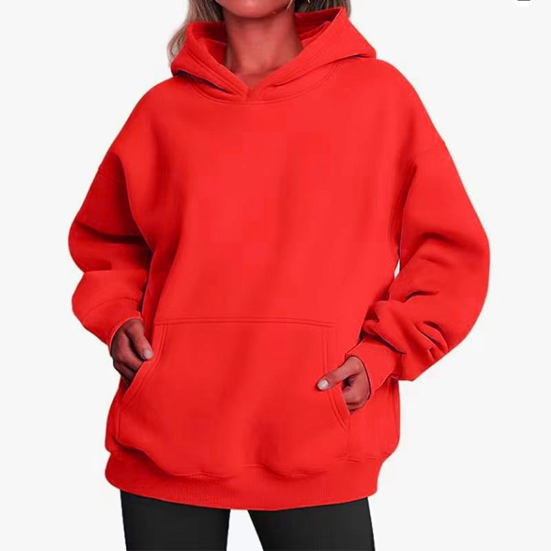 Women's Solid Color Hoodie, Long-Sleeve, Loose-Fit, Oversized Pullover Sportswear